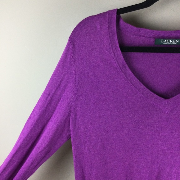 LAUREN RL High Low V-Neck Silk Purple Sweater - Picture 5 of 9